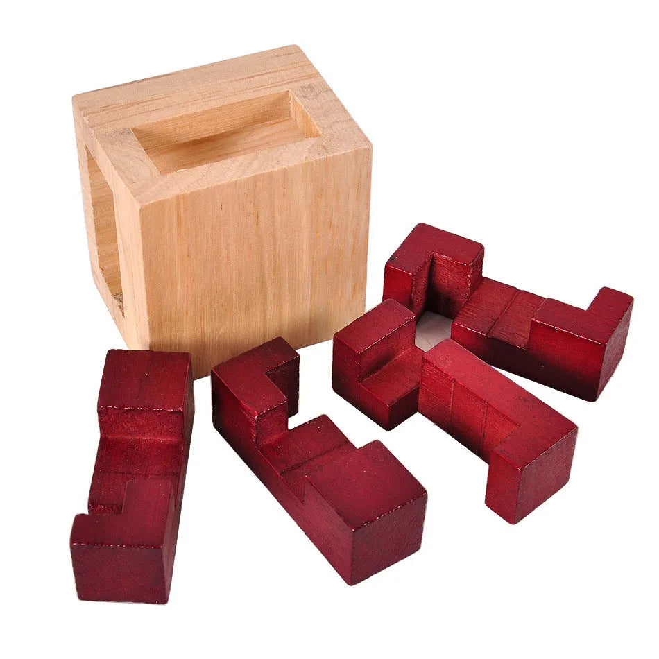 Wooden Kongming lock puzzle in Colour A, 7x7x5.5cm, on a table