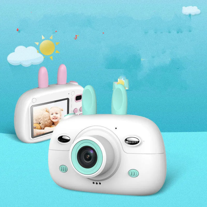 Cartoon rabbit video recorder kids camera with 1080P dual camera, dual flash, 650mAh battery, in green or pink