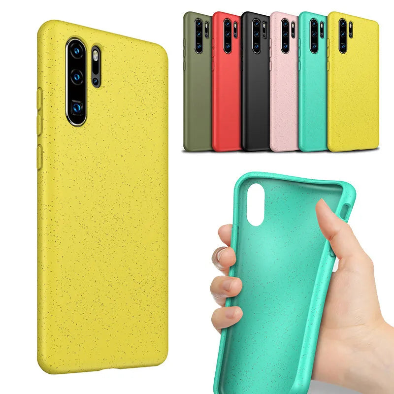 Huawei P30 TPU back cover case in Army Green colour next to a smartphone.
