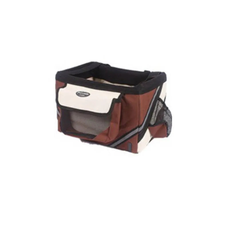 Pet bicycle carrier in Oxford material for small cats and dogs, attached to handlebars with traction hook visible