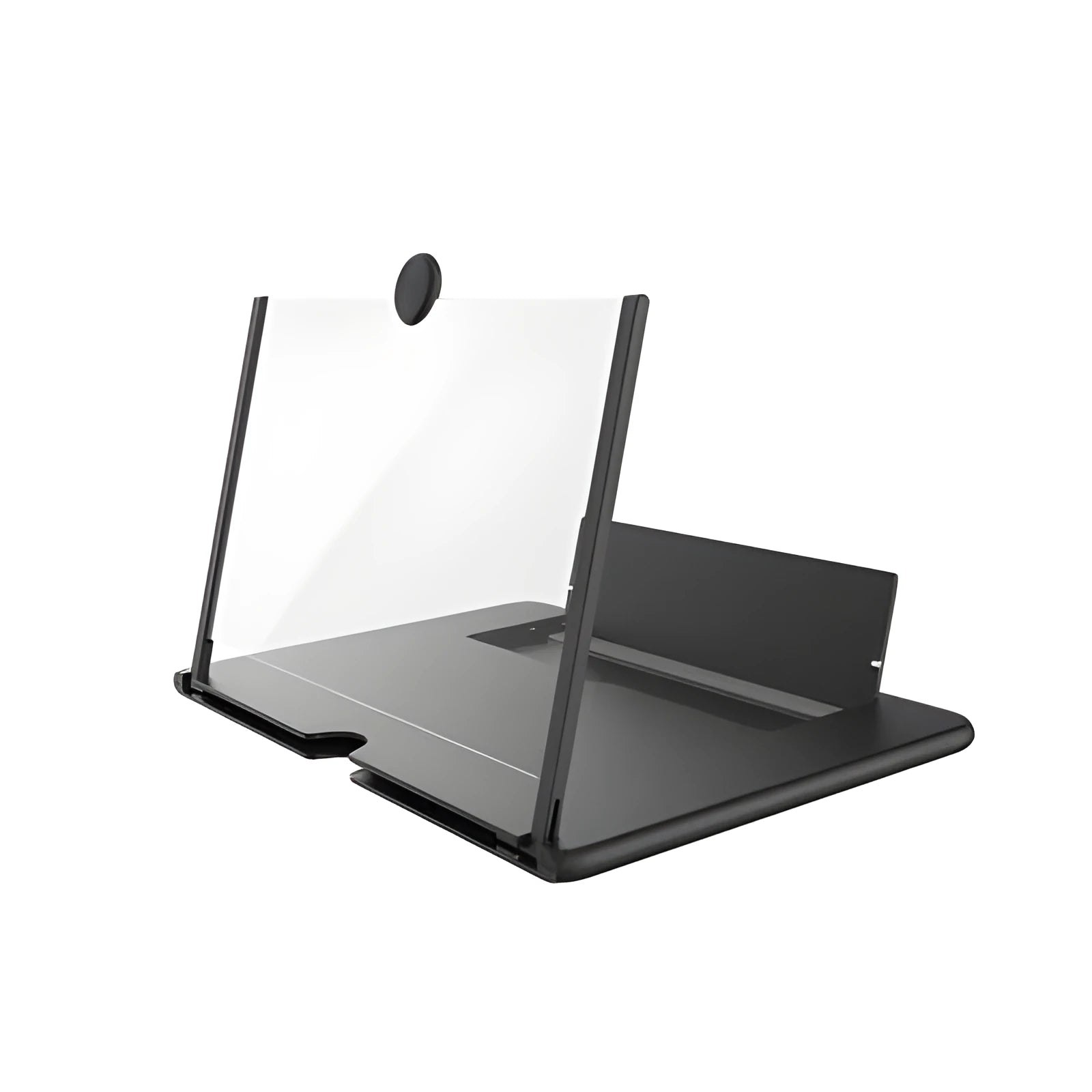 12-inch wood grain folding screen amplifier bracket shown open next to a tablet.
