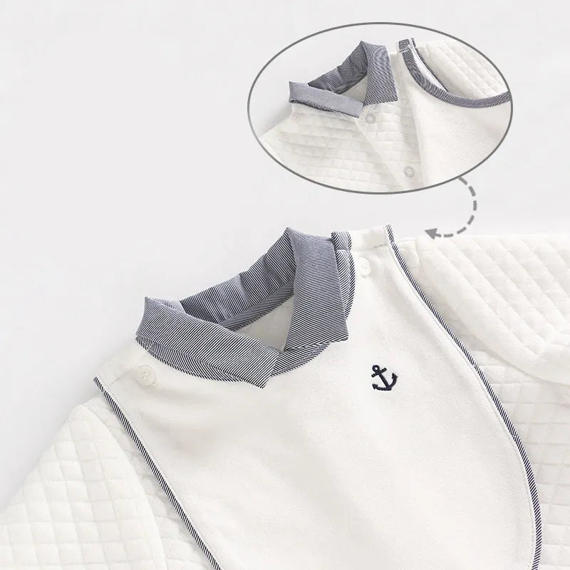 White cotton baby gentleman romper with long sleeves for spring and autumn wear