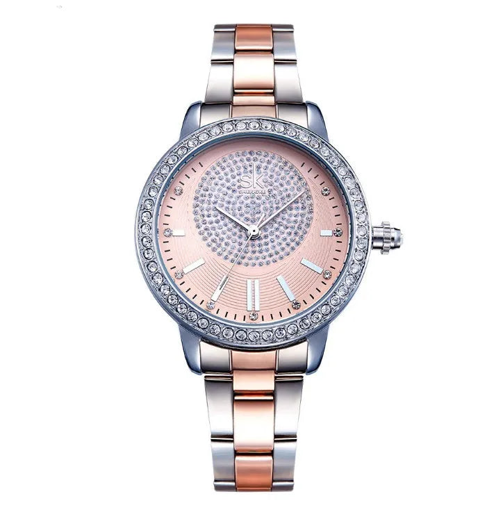 Shengke women's quartz bracelet watch 36mm round stainless steel case crystal dial black pink