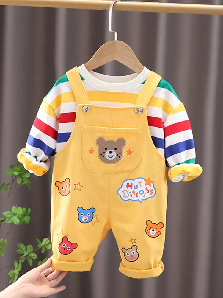 Boys' plaid top and strap trousers set in yellow or milky white, cotton outfit, sizes 80cm to 120cm