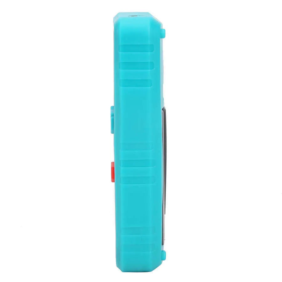 Green automatic digital multimeter with LCD screen and rear stand, dimensions 132x64x25mm.