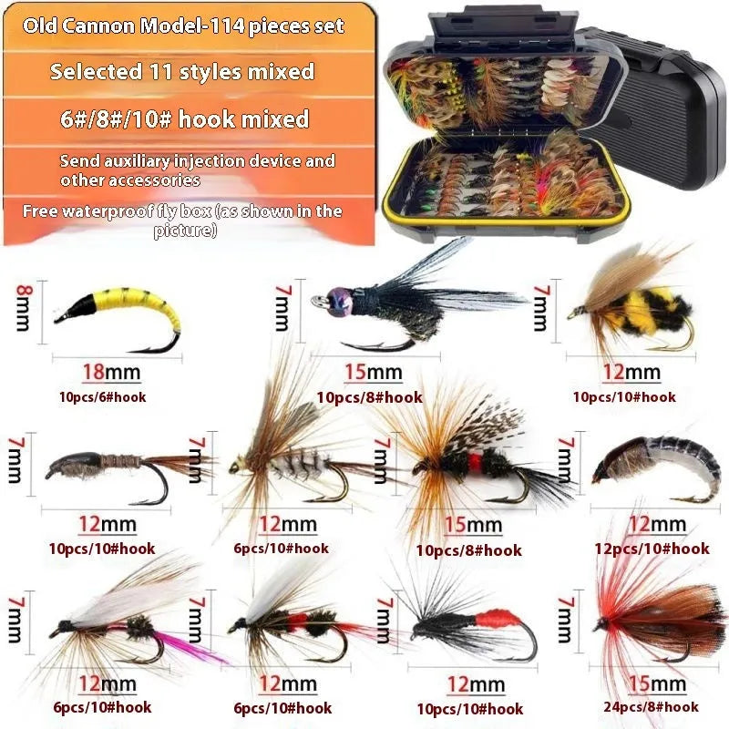 Old gun colour fly hook micro lure set with 114 bionic sequin lures in box