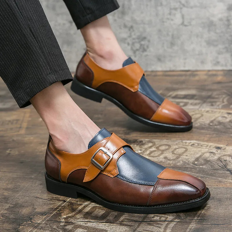 Men's brown-blue retro leather casual shoes with decorative buckle and tall crown