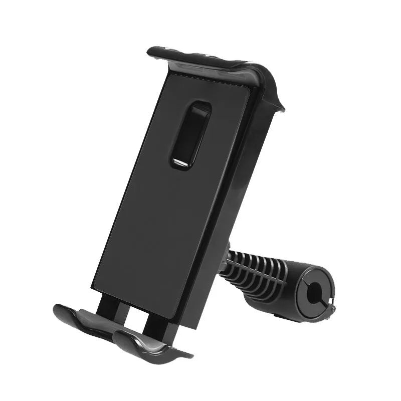 Car headrest mounting bracket holding tablet with 360-degree rotation adjustment