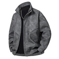Mens slim fit PU leather coat in black gray with side pockets, straight hem, and loose fit