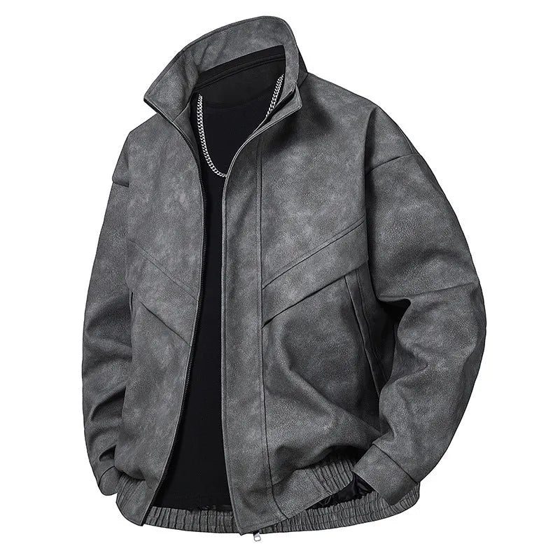 Mens slim fit PU leather coat in black gray with side pockets, straight hem, and loose fit