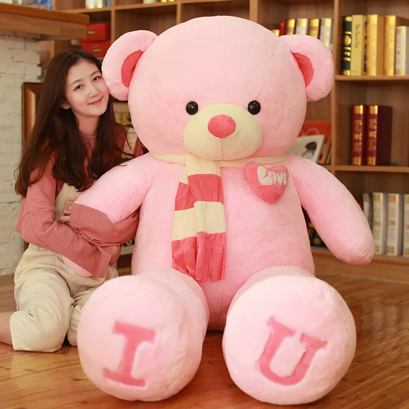 Heart bear pillow plush toy in khaki colour, 100cm size, with soft rabbit fur and PP cotton filling