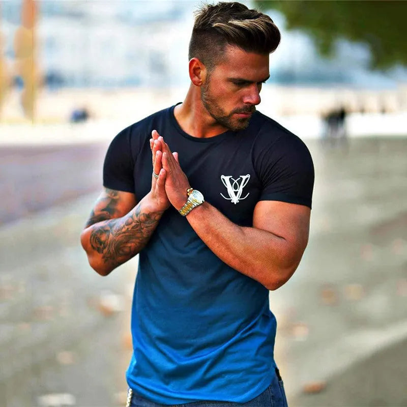 Cotton muscle fitness top in black yellow, black red, black blue, or white, sizes M to XXL