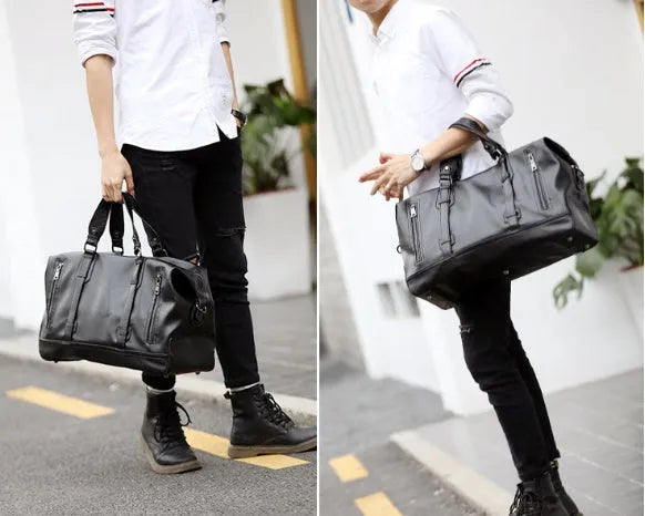 Large-capacity black PU leather handbag with shoulder strap and notebook compartment