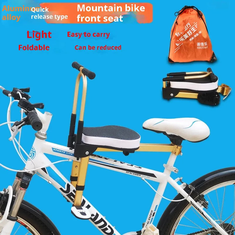 Aluminum alloy front folding child bicycle seat in yellow with armrest on a bike