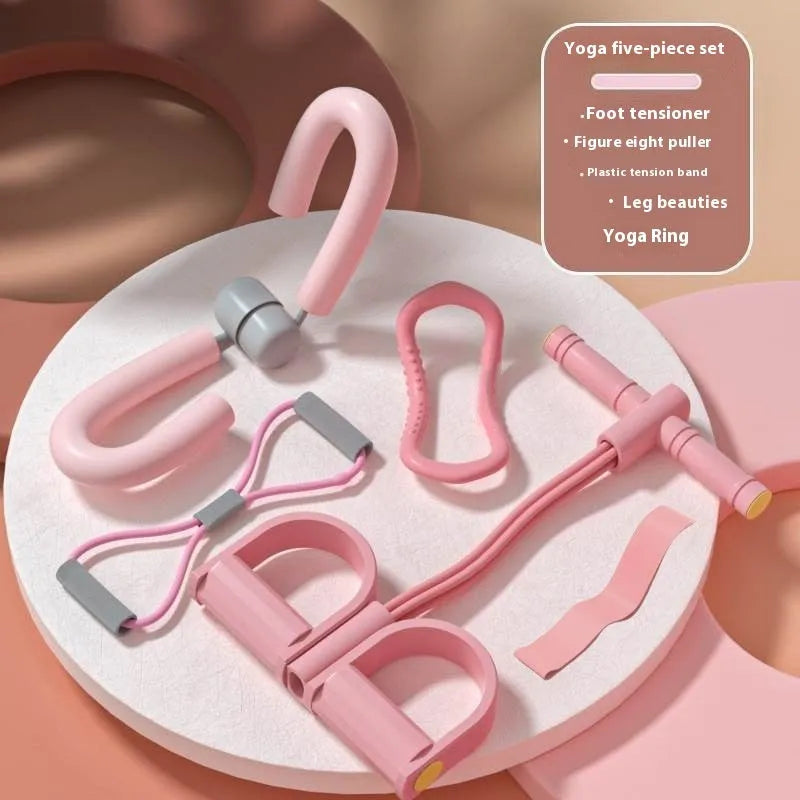 Yoga four-piece fitness set with leg stretcher, ring, pedal device, and tension rope.