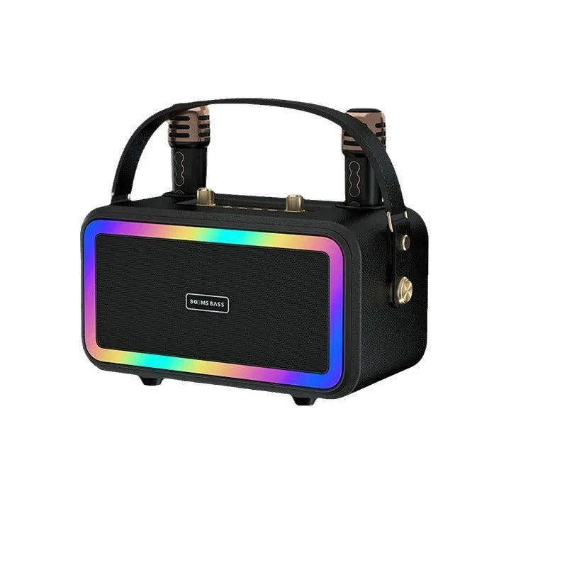 M3201 portable Bluetooth speaker in black, dark brown, or orange red with microphones and cables
