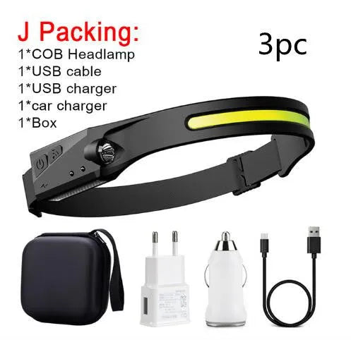 Black USB rechargeable headlamp with a wide COB LED lens and a side wave sensor on the headband.