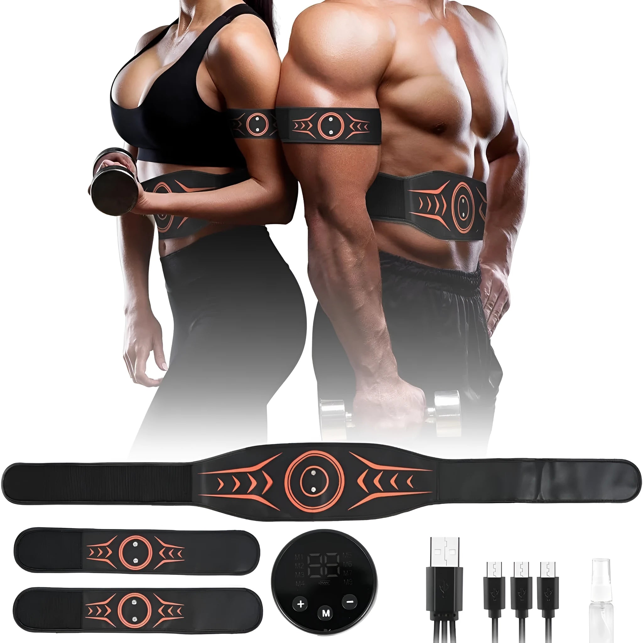 EMS abdominal massage belt with rechargeable host, adjustable strap, and arm stickers for muscle stimulation