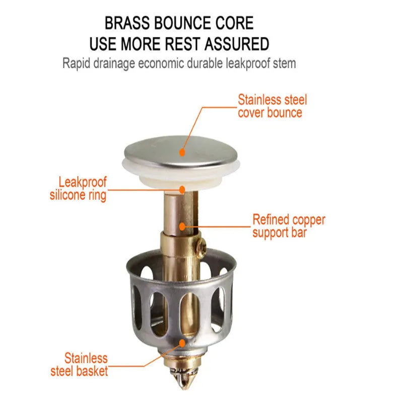 White copper sink filter with manual press mechanism for single-hole bathroom faucets.