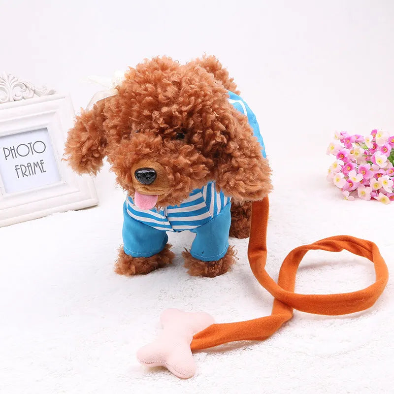 Electronic toy with 20 songs, walking, singing, and twisting actions, shown in Blue, Pink, and Red options