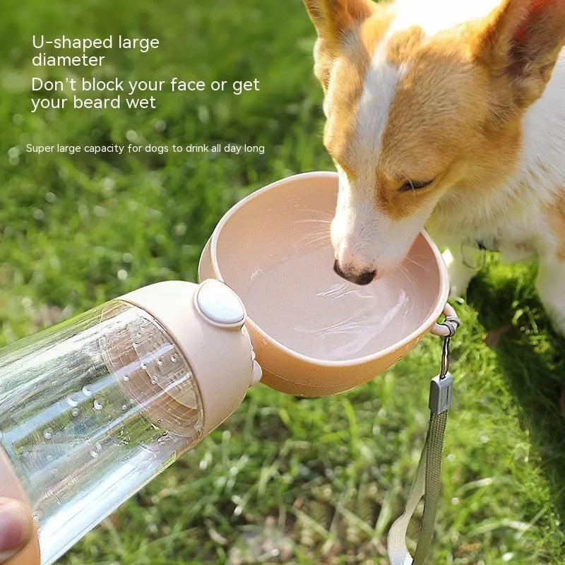 Portable dog water bottle with a folding bowl attached, shown in yellow, pink, and brown colours.