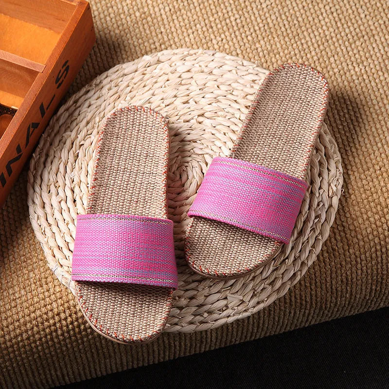 Open toe linen home slippers with EVA sole, 1.5-3.5cm thick, in assorted colours