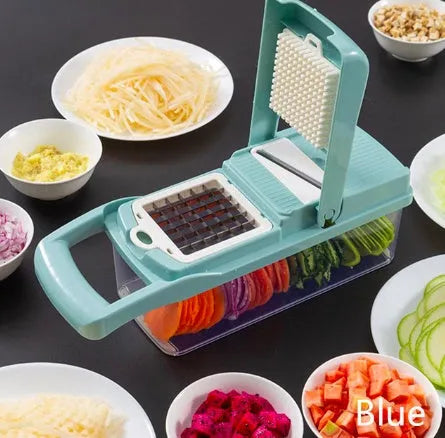 Multifunctional vegetable cutter with 7 stainless steel blades on a kitchen countertop