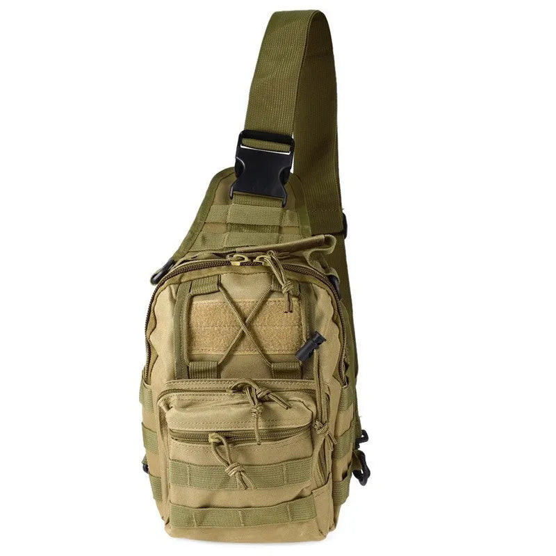 Small military tactical backpack with MOLLE webbing and camouflage design.
