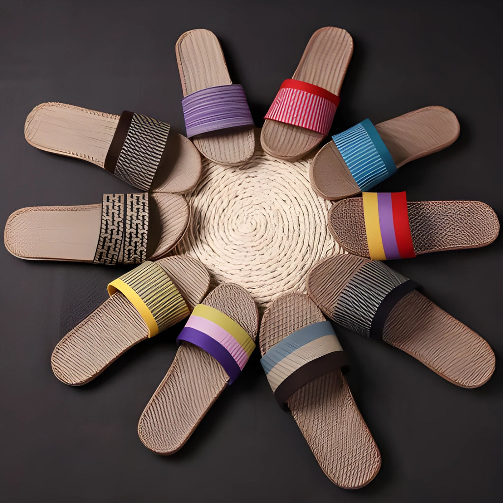 Open toe linen home slippers with EVA sole, 1.5-3.5cm thick, in assorted colours