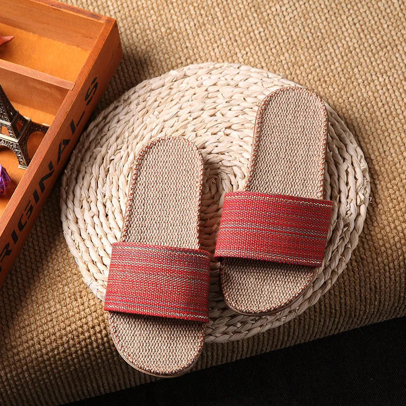 Open toe linen home slippers with EVA sole, 1.5-3.5cm thick, in assorted colours