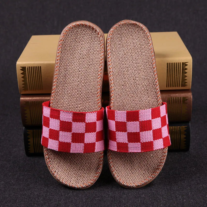 Open toe linen home slippers with EVA sole, 1.5-3.5cm thick, in assorted colours