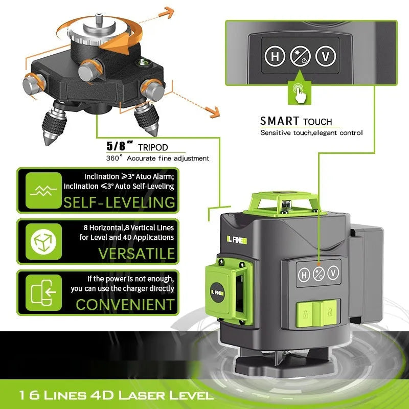 Green 16-line laser level tool showing 360° beam projection on walls.