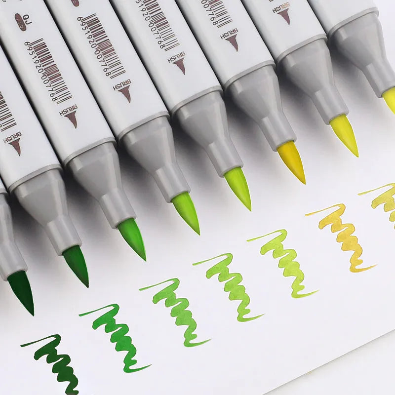 48 colourful oily soft-tip markers with square barrels arranged in set for hand-painted design projects