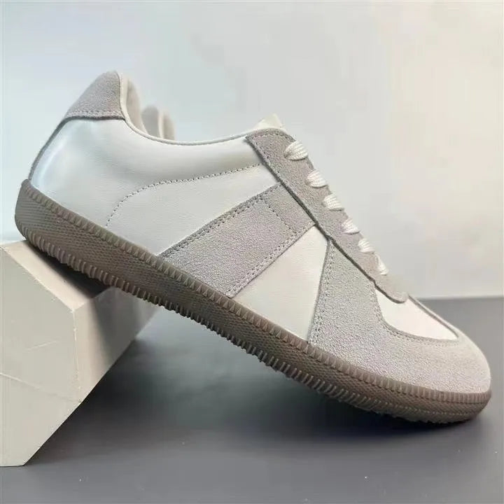 Genuine leather low top round toe lace-up sneakers for men in white with rubber sole