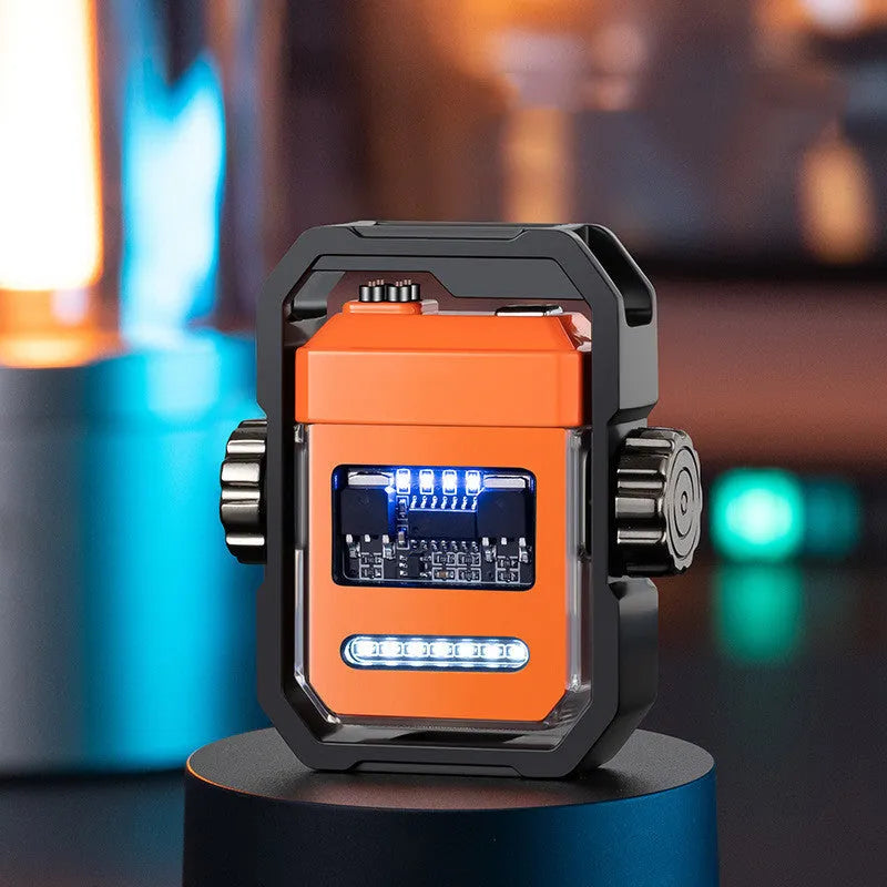 Blue zinc alloy electric arc lighter with a spinning mechanical gyroscope on a black background.