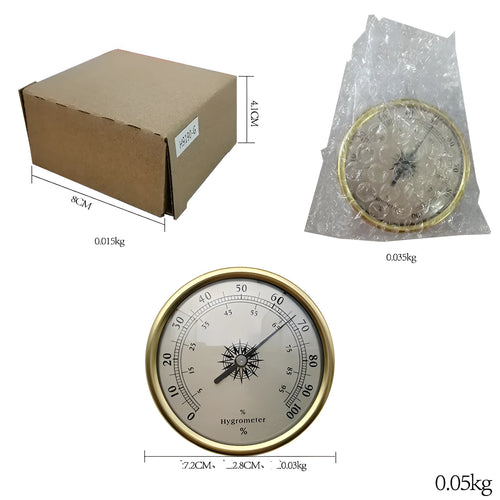 Analogue thermometer and hygrometer with silver aluminium dial and outer ring.