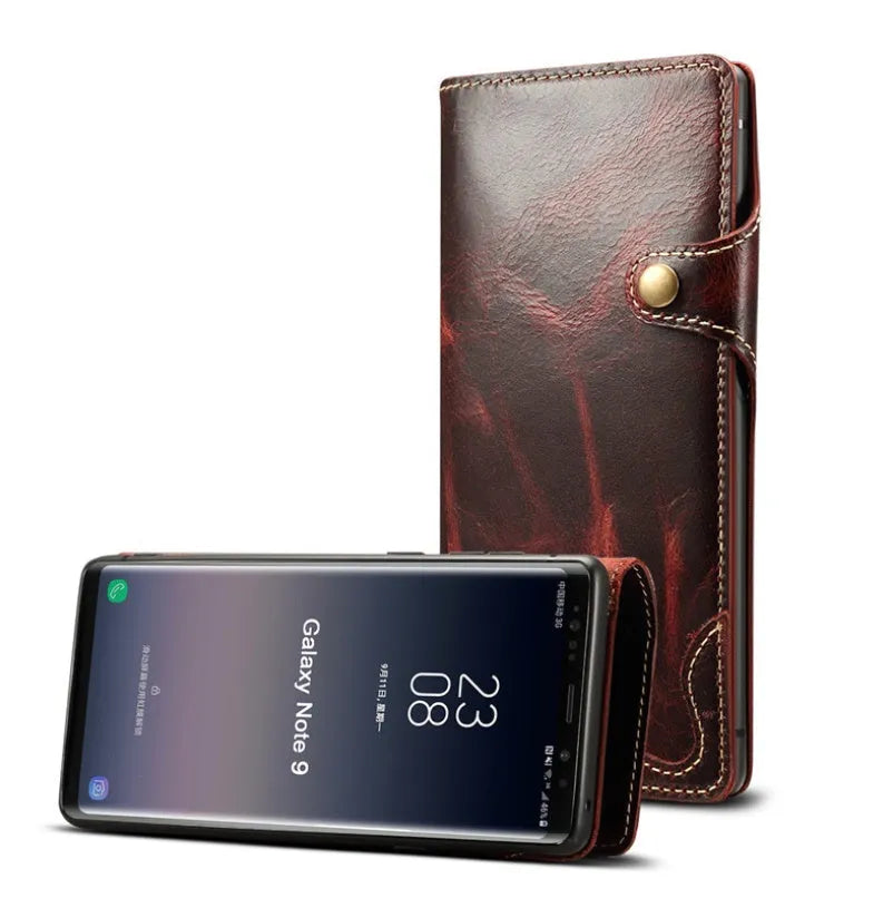 Handcrafted leather wallet case for Samsung Note 9 phone with built-in stand