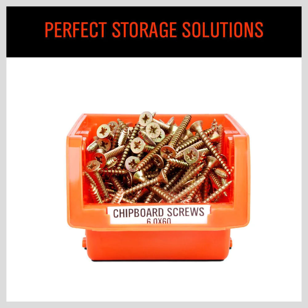 Stackable plastic tool box with eight compartments for tool storage.
