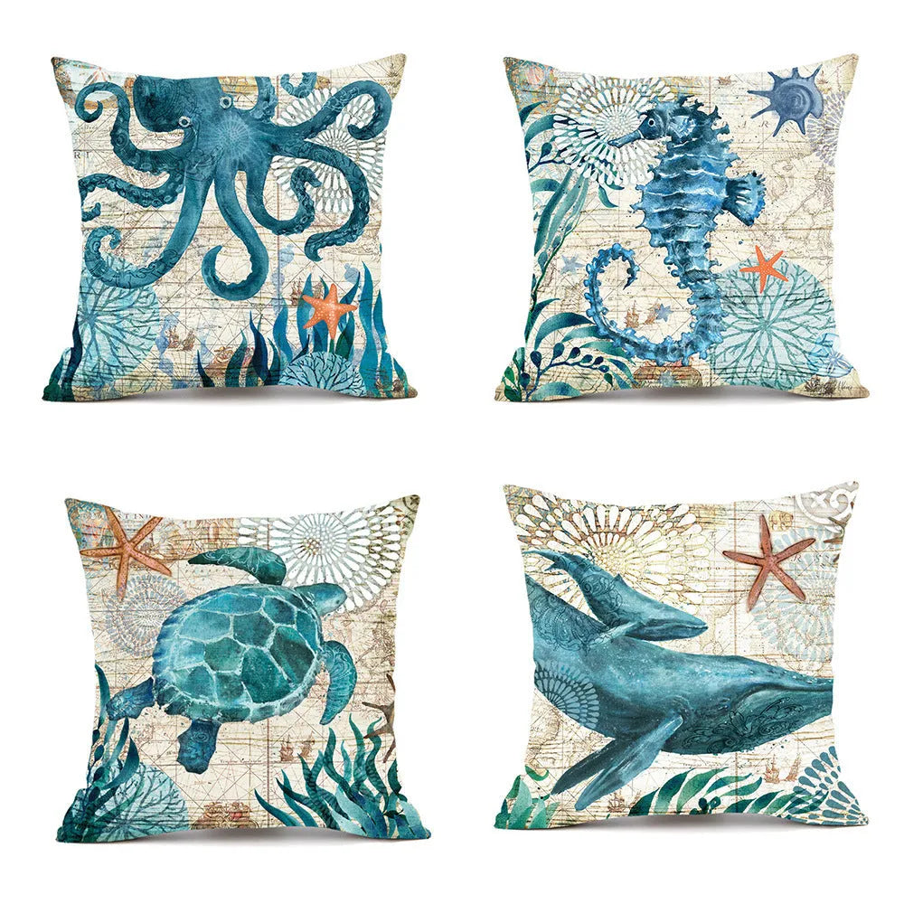 Square linen cushion cover with a colourful high-definition sea turtle print, showing the invisible zipper.