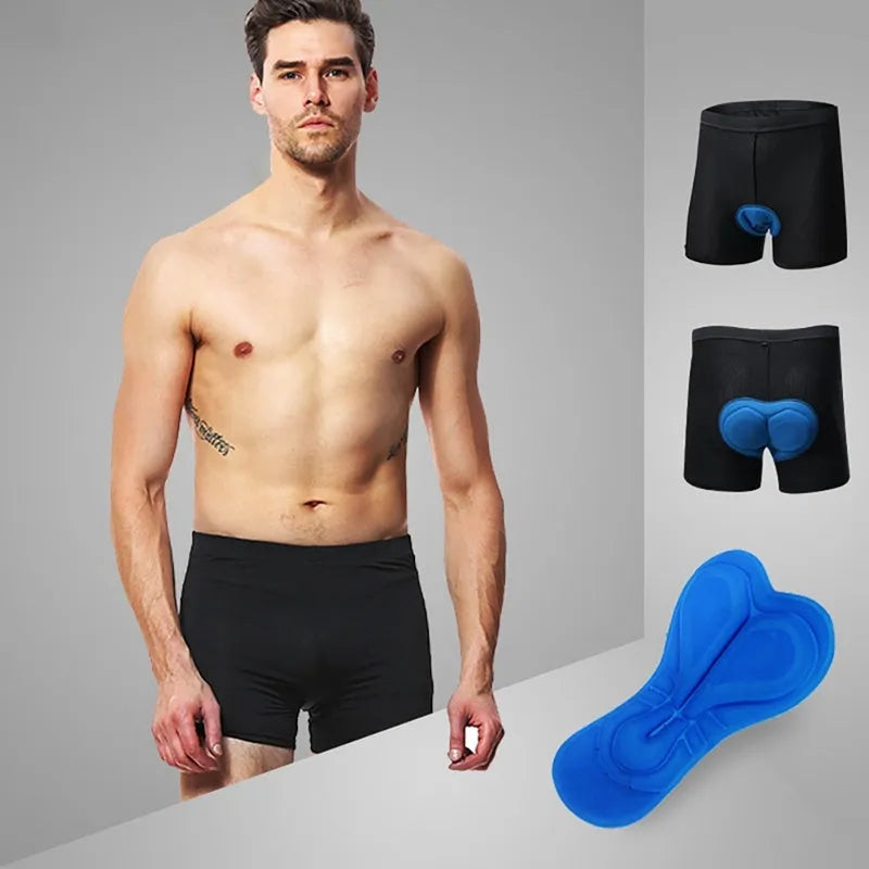 Black polyester cycling pants with sponge cushion padding for road and mountain bikes, sizes S to 3XL
