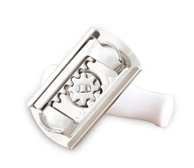White stainless steel adjustable bottle opener with ABS plastic handle showing gear mechanism