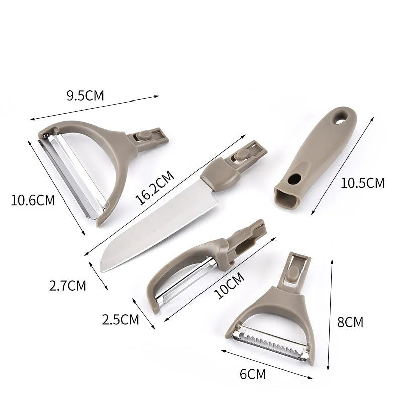 Green eight-piece stainless steel kitchen cutter set with peeler, knife, and integrated chopping board.