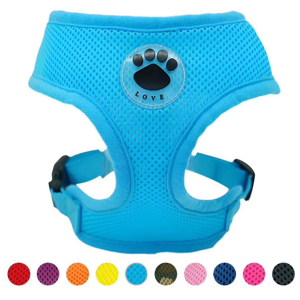 Breathable mesh polyester dog harness with adjustable chest strap in multiple colours, available sizes XS to XL.