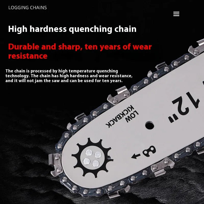 Red 12-inch handheld chainsaw with brushless D1 motor, manganese steel chain, and rechargeable lithium battery