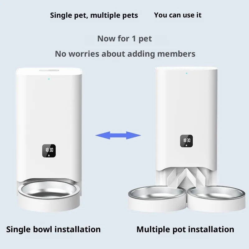 Multiple smart pet automatic feeder B58 with timed and quantitative feeding, three stainless steel bowls, white body