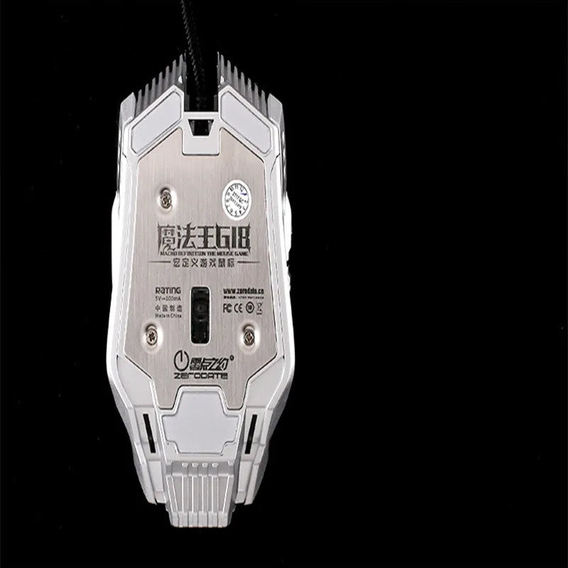 Gold wired gaming mouse with braided USB cable, 3200dpi sensor, and 8 programmable buttons on a desk