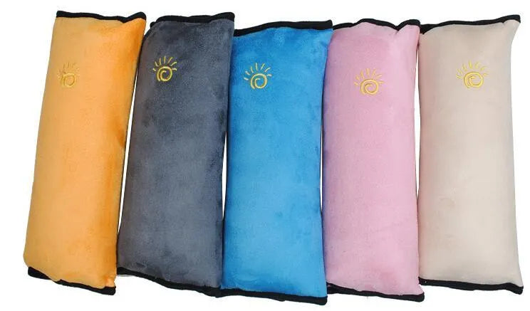 Children car pillow in microsuede fabric attached to a seatbelt, grey colour, 28.5cm by 9cm by 12cm