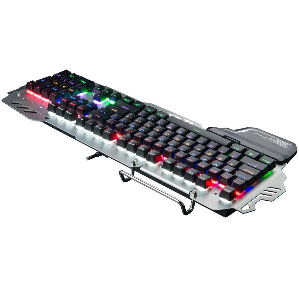 Silver metal gaming keyboard with detachable wrist splint on desktop