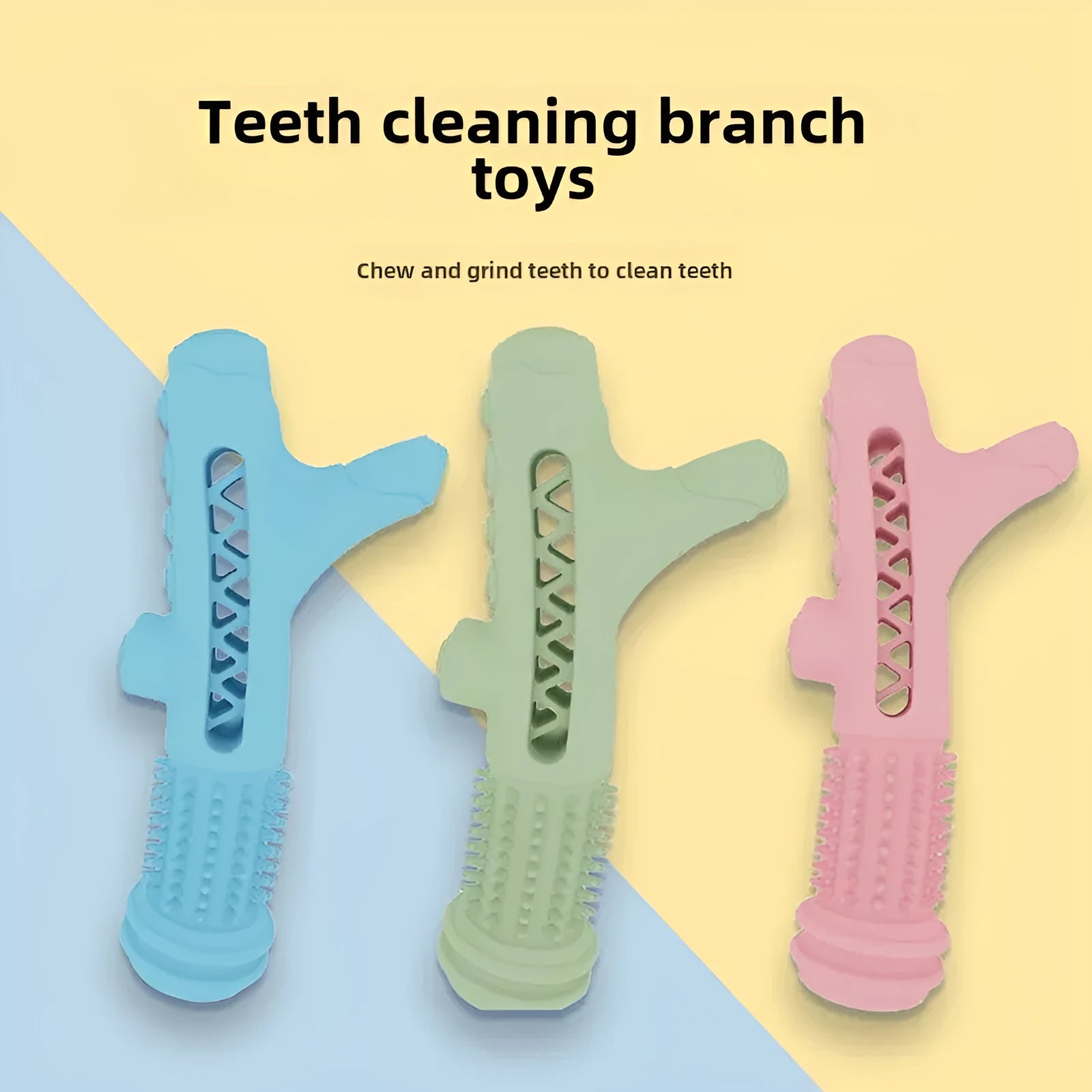 TPR dental tree branch dog chew toy for small dogs in blue, green, and pink colours