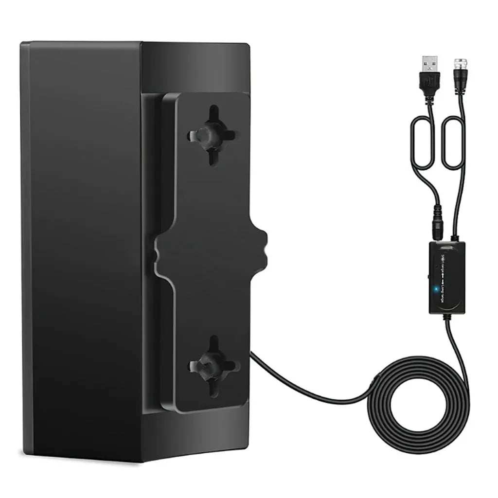 Black plastic digital television antenna with mounting screws and cable ties on a white background.